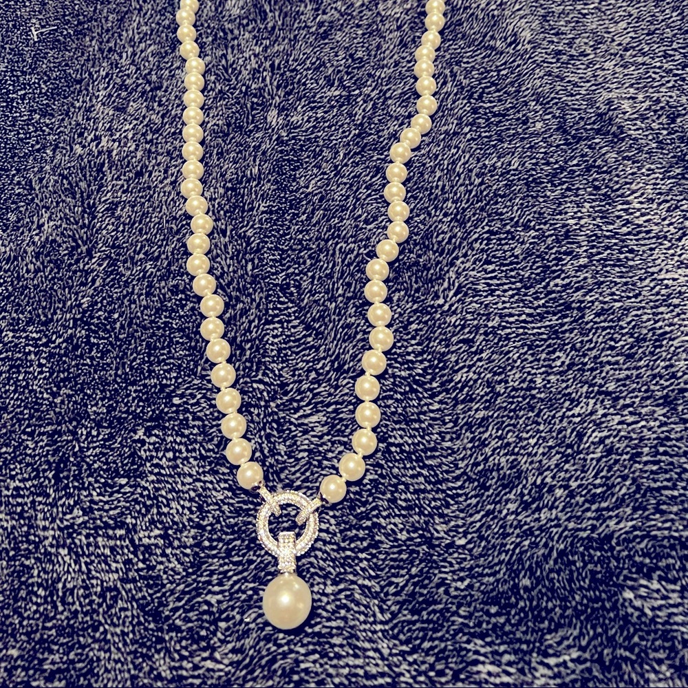 Park Lane Valentina Necklace 33” Long Glass Ivory Pearls Micro Pave Embellished